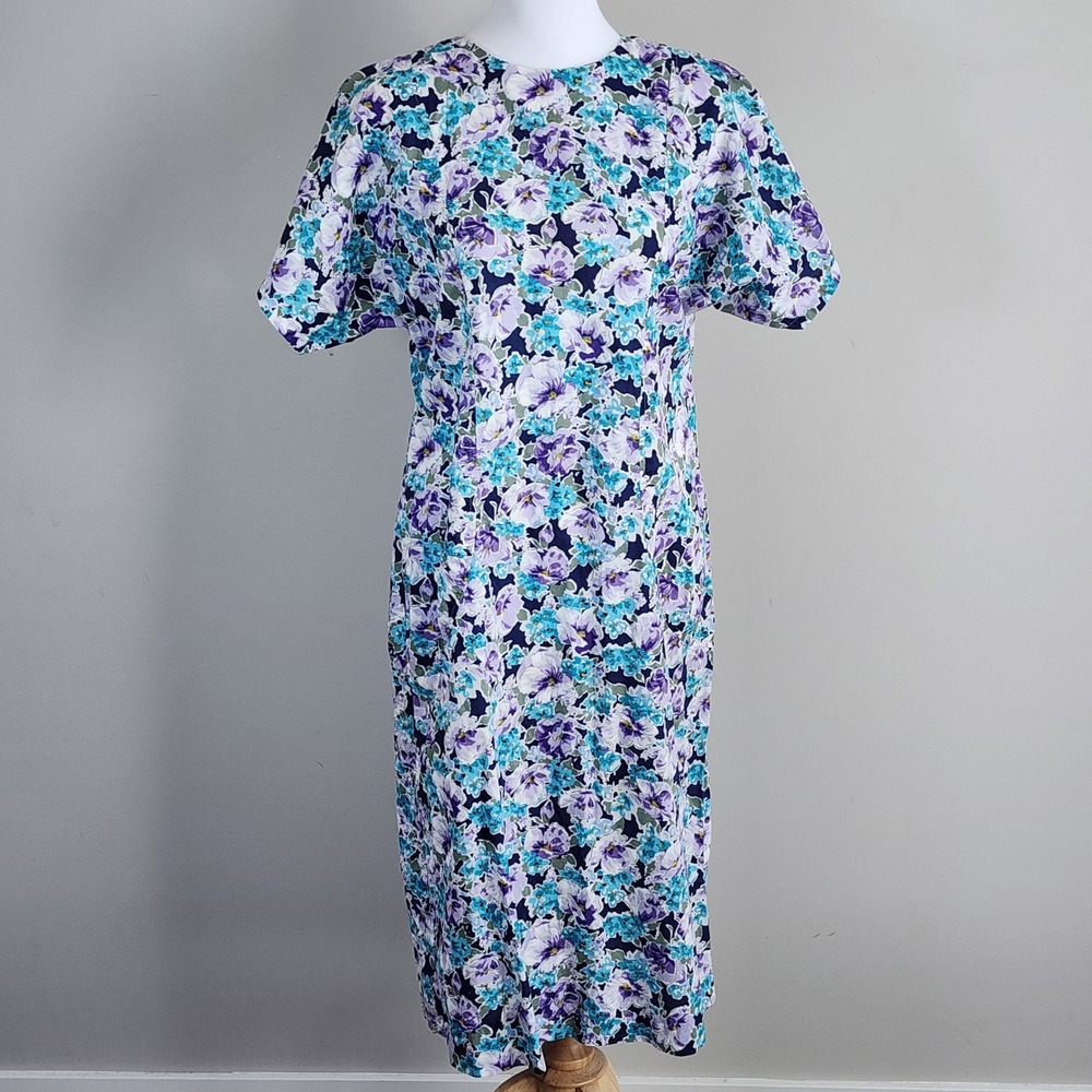 Vintage Floral Midi Dress Womens Large Blue Purple Short Sleeve Cottagecore Chic
